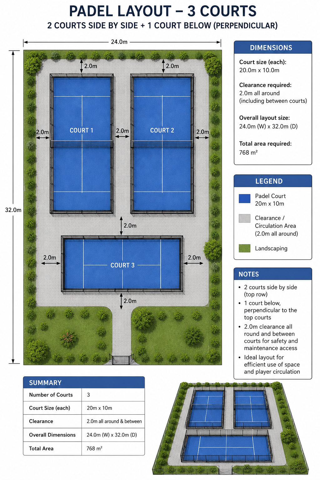 Layout drawing of three padel courts: two side by side with a third perpendicular below, within a 24m by 32m footprint